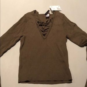 Green lace up sweater NWT